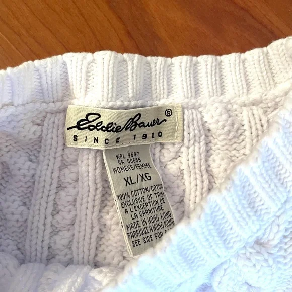 VTG Eddie Bauer Cable Knit Sweater White Chunky Fisherman 100% Cotton sz L - XL - Picture 3 of 7